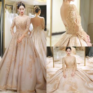 2020 Modest YL Ball Gown V Neck Long Sleeve Backless Lace Up Wedding Dresses Lace Applique Pearls Wedding Gowns Sweep Train Bridal Gowns