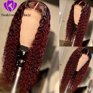 180% Ombre Red Bury Color Spets Front Kinky Curly Simulation Human Hair Wigs For Black Women Pre-Pluced Synthetic Hair Wig