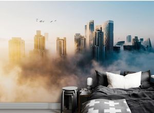 居間のための現代壁紙創造的な夢の雲と現代の都市建築の風景の背景の壁の霧