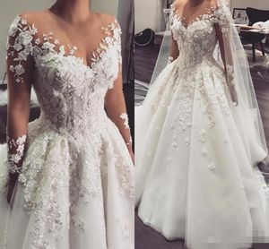 Sprzedaż Długie rękawy sukienki 3D Kwique Tiul Tiul Tiul Tiul Train Illusion Scoop Custom Made Wedding Suknia Vestido de novia