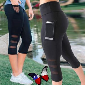 Schwarze sexy Fitness-Sport-Capri-Hosen für Damen, hohe Taille, elastische Mesh-Leggings mit Tasche, geerntete Hosen, Leggings, 1 Stück, LJJA2333