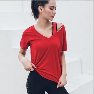 European and American V-neck T-shirt Women's Loose Fitness Clothes, Blouses, Running Breathable Yoga Clothes, Sports Short Sleeves