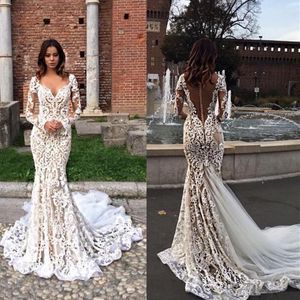 Full Lace Modest Mermaid Dresses Long Sleeves V-Neck Illusion Backless See Through Back Sweep Train Wedding Dress Bridal Gowns