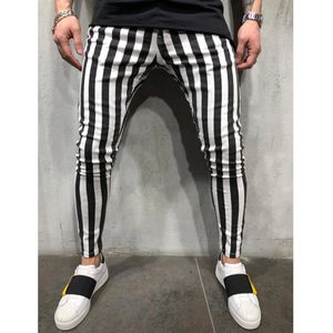 2019 Fashion Slim Byxor Sommar Mens Stretch Striped Plaid Byxor Bekväm Hög Midja Zipper Casual