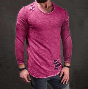 Sommar Mens Designer T Shirt Fashion European Style Hole T-shirt Round Neck Long Sleeves Man T-shirts