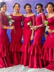 인어 신부 들러리 드레스 롱 페르시 3/4 긴 소매 어깨 지퍼 뒤로 아프리카 웨딩 게스트 드레스 하녀 명예 가운