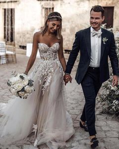 2019 Design Simples Plus Size Estilo Country 3D Floral Apliques de Uma Linha de Vestidos de Casamento Bohemian Vestidos de Noiva para Noivas robe de mariée BC2024