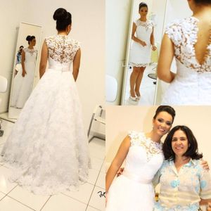 Detachable Skirt A-line Lace Wedding Dress 2020 Sheer Neckline Cap Sleeve Ribbon See Though Back Wedding Reception Dresses Bridal Gowns