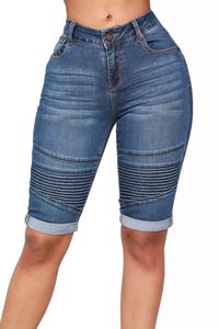 Kvinnor knän längd jeans mager nödställda knähål i midja midja casual smala passform långa byxor kvinnliga byxor gratis frakt