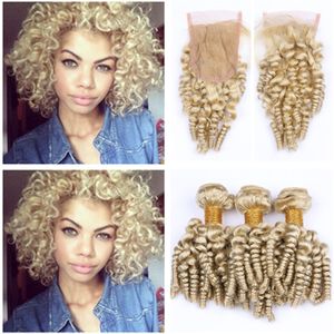 Blonde Aunty Human Hair Weaves With Lace Closure Loose Wave Funmi Hair 3 Bundles Deals Bouncy Curl 613 Lace Closure With Bundles