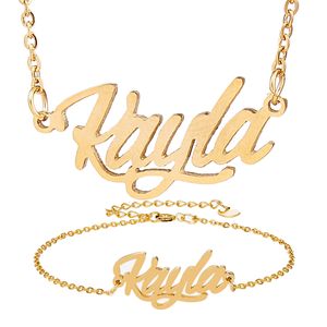 Guldpläterat rostfritt stål Namnarmband Set Women Kayla Script Letter Gold Choker Chain Halsband Pendant Namnplatta Gift till henne
