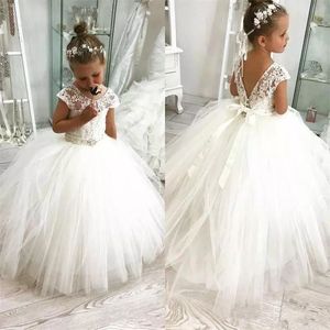 Cute Puffy Ball Gown Flower Girls Dresses With Cap Sleeve Fluffy Tulle Girls First Communion Dress Beaded Lace Pageant Party Gowns Z72