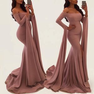 Dusty Rose Off The Shoulder Mermaid Prom Dresses With Long Sleeves Ribbons Free Elegant Evening Gowns