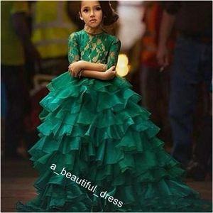 Festa de aniversário Pageant Dresses For Teens Princesa Flower Girl Dresses vestido de baile vestido de Organza manga comprida FG1283 da menina Júnior verde esmeralda