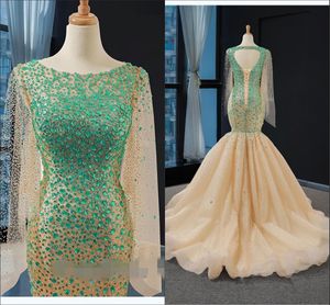 Gorgeous Gold Green Crystal Mermaid Evening Prom Dresses Juliet Illusion Long Sleeves Bateau Keyhole Back Pageant Dress Formal Gowns Party