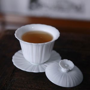 Weißes Porzellan-Blütenblatt Gaiwan, handgefertigtes Keramik-Tee-Set, chinesisches Porzellan-Teegeschirr, Teeschale, hohe Qualität