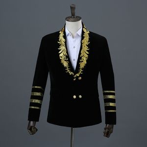 Men's Gold Embroidery Double Breasted Velvet Suit Jacket Brand New Shawl Collar Military Style Party Stage Blazer Masculino