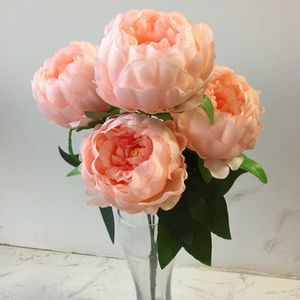 Fake Peony Bunch Flower (5 heads/piece ) Simulation Round Peonia with Green Leaf for Wedding Home Decorative Artificial Flowers