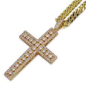 Ciondolo con croce di zirconi ghiacciati hip-hop placcato in oro argento con catena in corda di acciaio inossidabile