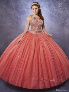 2 Stück Quinceanera-Kleider mit Rüschenrock, gratis glitzernder Bolero, süßes 15-/16-Kleid, korallenrot, für 15 Jahre