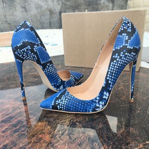 Modische Damenschuhe, blaue Python-Schlange, bedrucktes blaues Leder, spitze Zehen, Stiletto-Stripper, High Heels, Prom-Abend-Pumps, große Größe 44, 12 cm