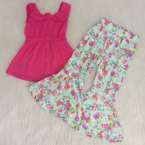 Boutique Kids Clothing Girls Bell Bottom Outfits Toddler Baby Girl Designer Clothes Sleeveless Top Long Pants Summer Set Sunflower Leopard Print Sets Wholesale