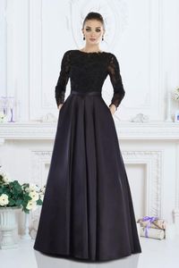 Neue billige schwarze Mutter der Braut Kleider Juwel Nacken Langarme Spitzen Applikationen Kristall Perlen Plus Größe Partykleid Abschlussabendkleider