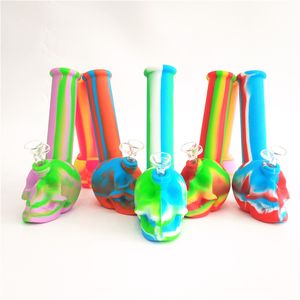 Bong di teschio in silicone portatile all'ingrosso infrangibile tabacco da fumo a base di erbe secche pipe ad acqua con ciotola di vetro da 14 mm