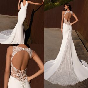 Zanurzanie V Neck Syrenki Suknie Ślubne Keyhole Back Koronki Cekinowe Suknie ślubne z Iluzją Szczegóły Sexy Robes De Mariée