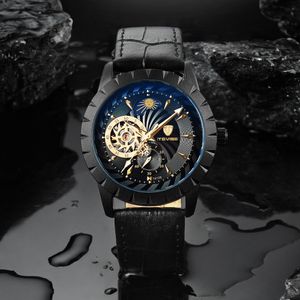 2019 Tevise Mens 시계 기계 자동 자동 자체 시계 블랙 가죽 달 Phase Tourbillon 비즈니스 Luminous Wristwatches