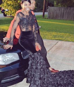 African Mermaid Prom Dresses Black Girls See Though Long Sleeve 3D Rose Flowers Beaded Velvet Lace Applique Court Train Party Evening Gowns