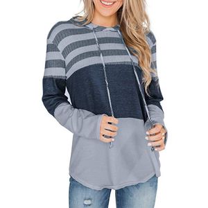 Women Fashion Loose Hoodies Striped Color Block Long Sleeve Knit Drawstring Hooded Pullover Casual Sweatshirts Top