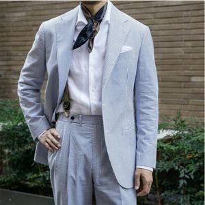 Blue Striped Seersucker Men's Summer Soft Suits Leisure Beach Formal Tuxedos Coat Groomsmen Mens Jacket Vest Pants