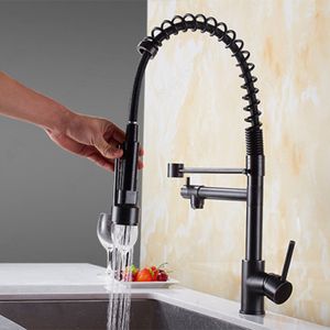 Black all-copper kitchen multifunction pull faucet European type black wash basin sink cold and hot water faucet single hole tap Rotatable