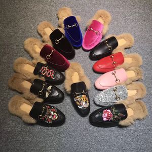 Hot Sale-Designer Loafers i äkta läder Fur Muller toffel med spänne Mode kvinnor Princetown Damer Casual Fur Mules Flats