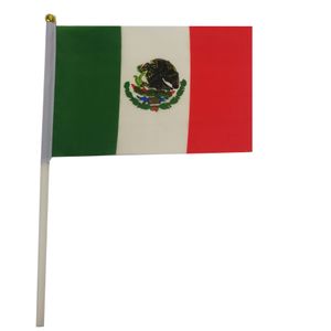 Mexico-vlag 21x14 cm Polyester hand zwaaien vlaggen Mexicaanse landbanner met plastic vlaggenmasten