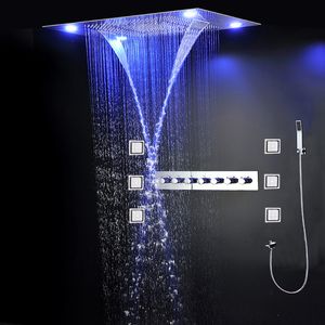 Bathroom Shower Faucets Ceiling Mounted Waterfall Mist ShowerHead Big Rain LED Shower Set High Flow Thermostatic With Massage Body Spray
