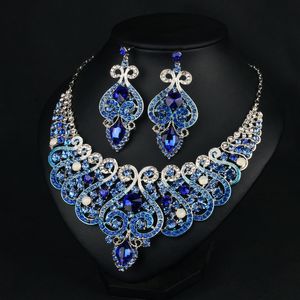 Royal Blue Wedding Jewelry Water Drop Crystal Collarbone Chain Necklace Set Bridal Jewelry Pearls Luxury Bracelets Necklace & Earings LP952