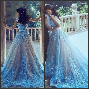 Light Sky Blue Prom Dresses With Sashes Appliques Formal Evening Dresses Sweep Train Zipper Back Luxury Fashion Cocktail Party Gowns