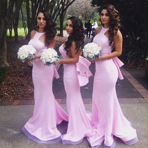 Rosa sjöjungfru brudtärna klänning satin o neck spaghetti rem tiered back design prom klänning för bröllop vestido longo