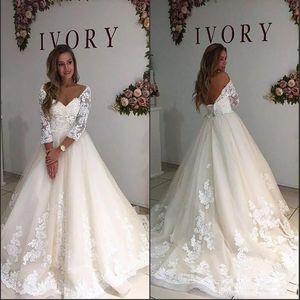 Długie rękawy koronkowe sukienki ślubne A-line z ramion v szyja aplikacje mostowe sukienki nośne vestido de Mariee Custom Made