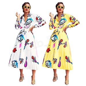 Kvinnor skjorta Pleated Long Dress Set Elent Big Eyes Lip Printed Ladies Blouse Skirt Två Piece Suit Outfits Långärmad LJJA2739-111