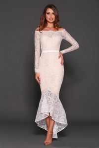 Sexy 2020 New Latest White Lace Off Shoulder Tea Length Cocktail Dresses Vintage Long Sleeve High Low Mermaid Party Formal Gowns 407