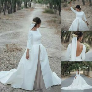Wholesale side slit sleeve resale online - Country Style Satin Wedding Dresses Custom Made Long Sleeve Backless Bridal Gowns with Split Ball Gown Wedding Dress