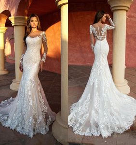 Vintage New Arrival Mermaid Wedding Dresses Sheer Neck Long Sleeve Appliqued Lace Bridal Gowns Illusion Wedding Dress robe de mariee