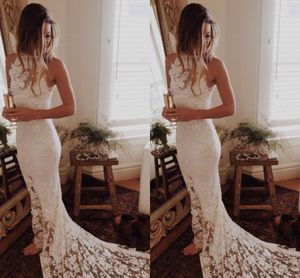 Mermaid White Lace Beach Wedding Dresses With A Trian Jewel Sheer Neckline Romatic Wedding Gowns Lace Vestido Cheap Bridal Dress Custom Made