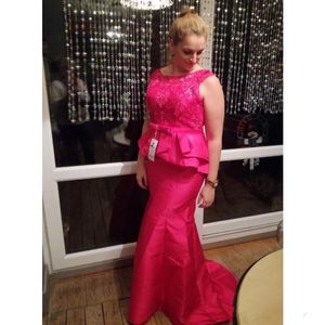 Fuchsia Mermaid Mother of The Bride Dresses Jewel Peplum Sweep Train Lace Sash Bow Plus Size Wedding Guest Gowns Mother Evening Dress Q115