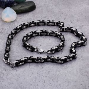 Black/Silver Tone Necklace Bracelet 316 Stainless Steel Byzantine Box Link chain Set Men Heavy Metal Punk jewelry 5mm 6mm 8mm