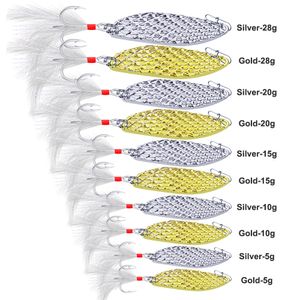 5Pcs/Set Fishing Lure Sequin Bait Gold Silver Hook Metal Spoon Lures with Feather 5g 10g 15g 20g 28g Mix Styles
