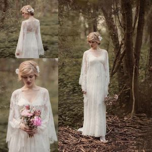 Vintage Country Lace Wedding Dresses Illusion Long Bell Sleeve Fairy Bridal Gowns A Line Bohemia Beach Bride Wedding Dress